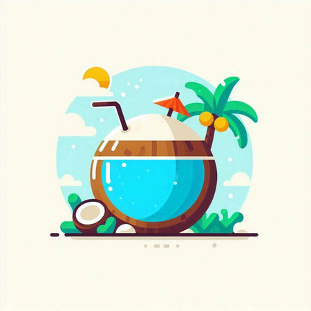Coconut cocktail on the beach. Flat vector illustration. Summer vacation concept.のイラスト素材