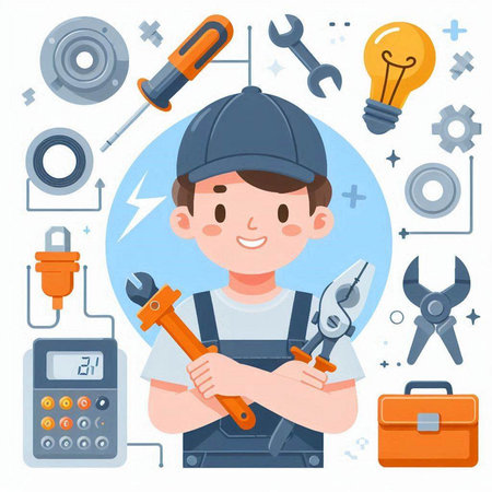 Repairman with tools. Vector illustration in a flat style.のイラスト素材