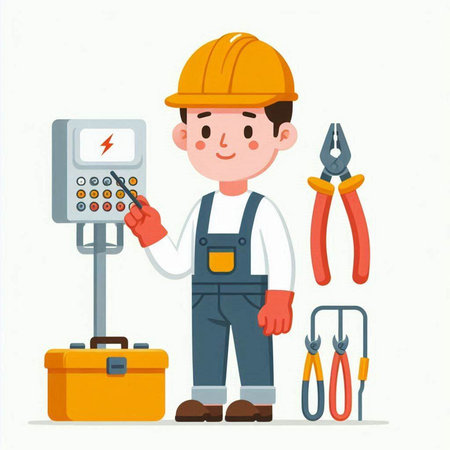 Repairman in uniform and helmet with tools. Vector illustration.のイラスト素材