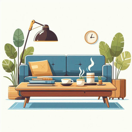 Vector illustration of cozy living room with sofa, coffee cup, books, lamp and plants.のイラスト素材