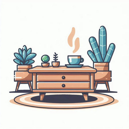 Cup of coffee on the table with plants. Vector illustration.のイラスト素材