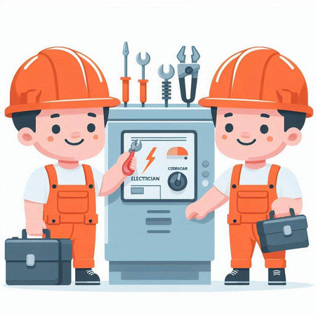 Electrician and electrician vector illustration. Electrician with toolbox.のイラスト素材