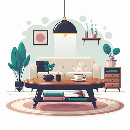 Living room interior with sofa, coffee table, books and plants. Flat vector illustration.のイラスト素材