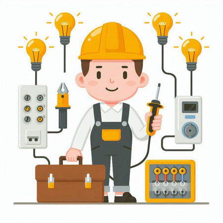 Electrician with tool box and lightbulbs. Vector illustration.のイラスト素材