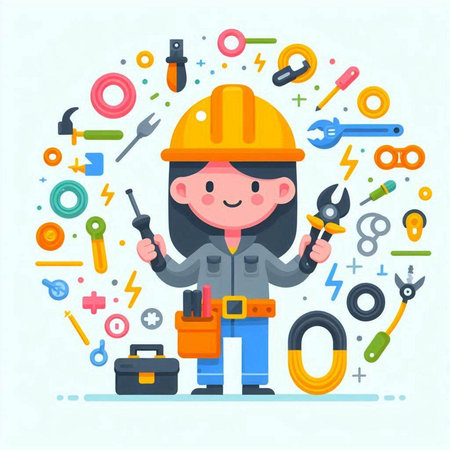 Cute girl in a construction helmet with tools. Vector illustration.のイラスト素材