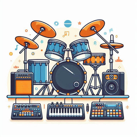 Set of musical instruments. Drum kit, synthesizer, drumsticks, drums. Vector illustrationのイラスト素材