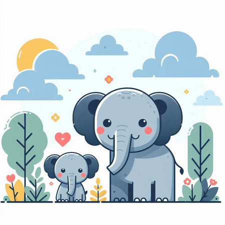 cute cartoon elephant and baby elephant in the park, vector illustrationのイラスト素材