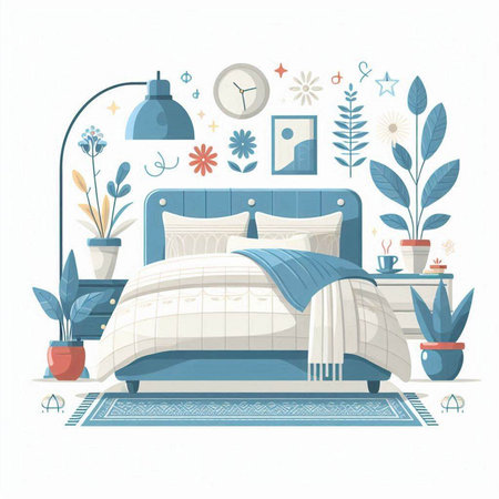 Vector illustration of cozy bedroom interior with bed, pillows, coffee table, plants, lamps, nightstands, clock and plants.のイラスト素材
