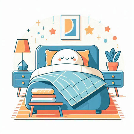 Vector illustration of a cute cartoon bed with pillows and a pillowのイラスト素材