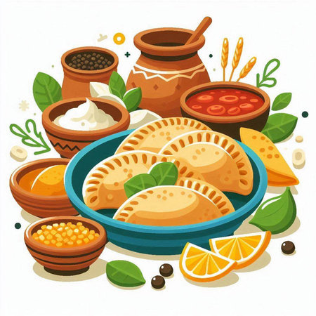 Vector illustration of empanadas with sour cream, tomato sauce and dumplings in bowl.のイラスト素材