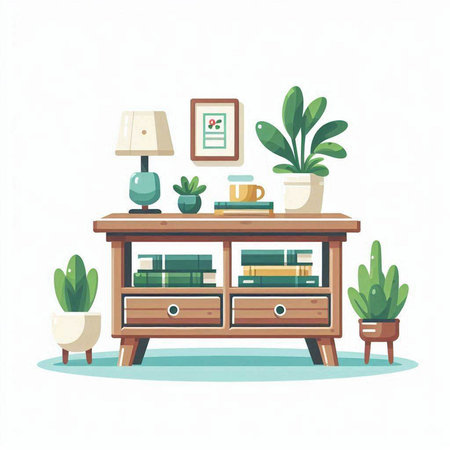 Furniture with books and plants. Flat style vector illustration.のイラスト素材