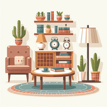 Living room interior with bookshelf, armchair, lamp and potted plants. Flat vector illustration.のイラスト素材