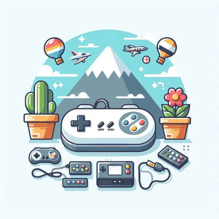 Vector illustration of video game elements in flat style. Gamepad, joystick, remote control, air balloon, mountains, flowers.のイラスト素材
