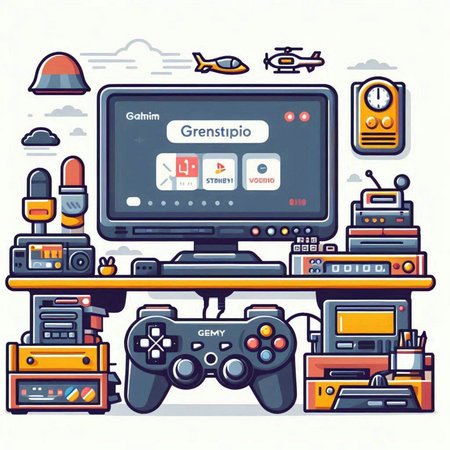 Game console with video game controller, joystick, gamepad and other gaming equipment. Vector illustration.のイラスト素材