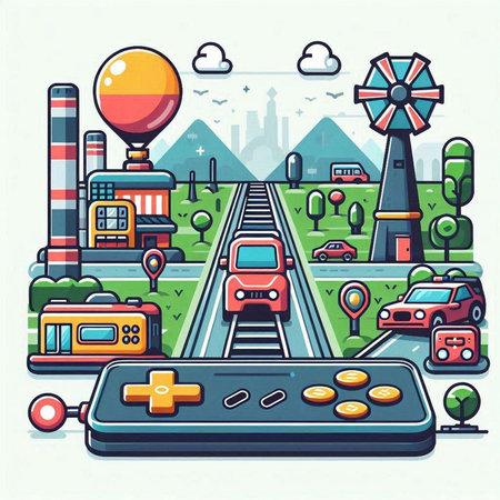 Vector illustration of a city landscape with cars, windmill, road, train and other elements.のイラスト素材