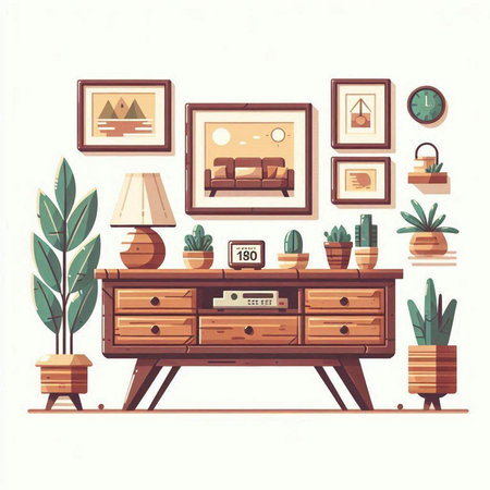 Interior of living room with furniture and plants. Vector illustration.のイラスト素材