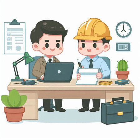 Engineer and architect working at the office. Vector cartoon illustration.のイラスト素材