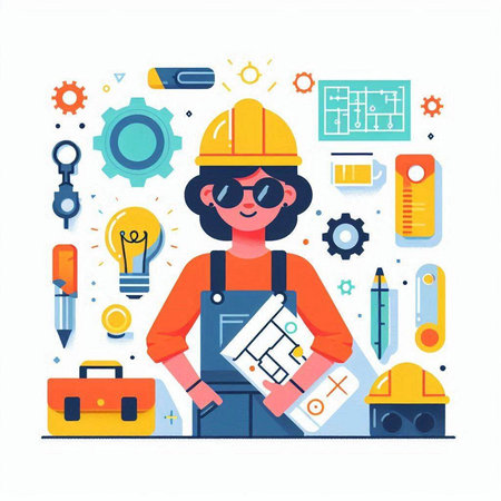 Architect woman with blueprint and building tools. Vector illustration in flat styleのイラスト素材