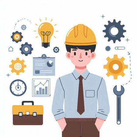Engineer man with hard hat and tools. Vector illustration in flat styleのイラスト素材
