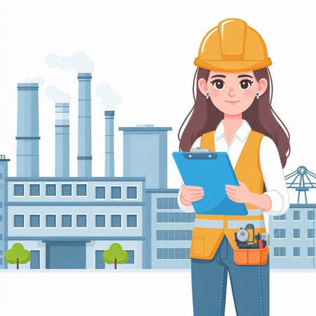 Female construction worker with clipboard and helmet on industrial background. Vector illustration.のイラスト素材