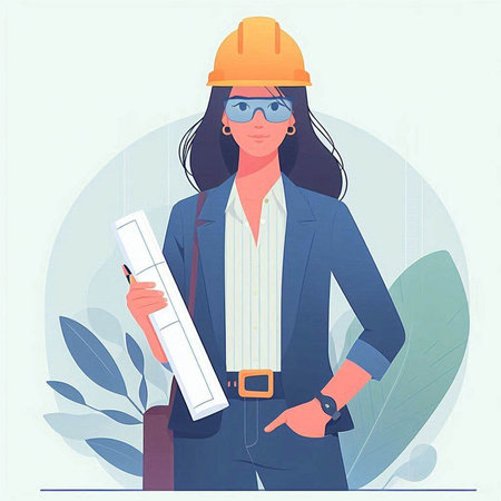 Female architect in hardhat holding blueprint. Vector illustration in flat styleのイラスト素材