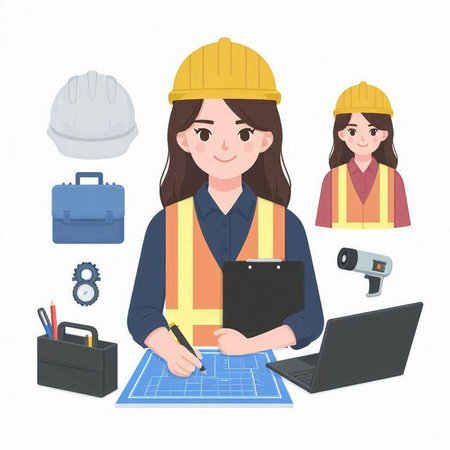 Illustration of a female construction worker with a clipboard and a laptopのイラスト素材