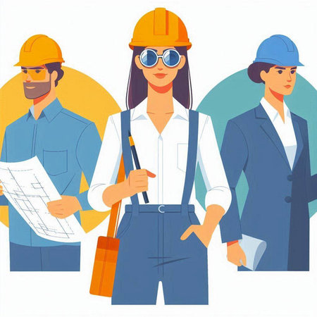 Team of engineers and architects in hardhats. Vector illustration.のイラスト素材