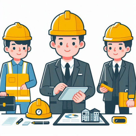 Architect and engineer working on the project. Vector illustration, flat style.のイラスト素材