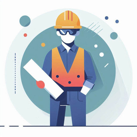 Engineer in helmet and hard hat holding blueprints. Vector illustrationのイラスト素材
