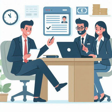 Businessman and businesswoman sitting at desk in office. Vector illustrationのイラスト素材