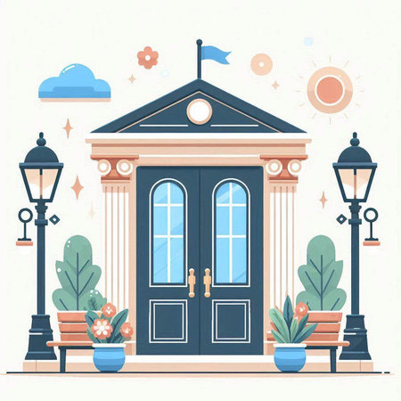 Flat design vector illustration of classic european building with flowers and lanterns.のイラスト素材