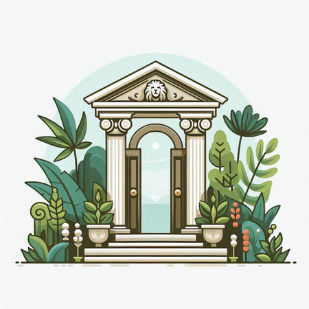 Vector illustration of an ancient Greek temple in the jungle. The concept of travel and tourism.のイラスト素材