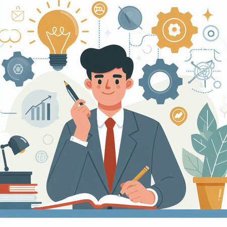 Businessman with a notebook and a pen. Vector illustration in flat styleのイラスト素材