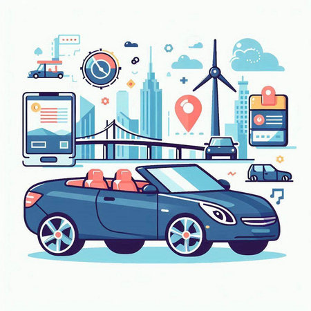 Car on the road with cityscape in the background. Vector illustrationのイラスト素材