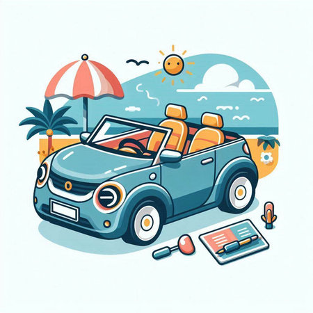 Vector illustration of a retro car on the beach. Summer vacation.のイラスト素材