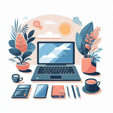 Flat design modern vector illustration concept of online education, distance learning, work from home. Laptop, coffee cup, calculator, plant.のイラスト素材