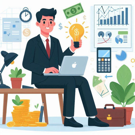 Businessman sitting at the table and working on laptop. Vector illustration in flat styleのイラスト素材