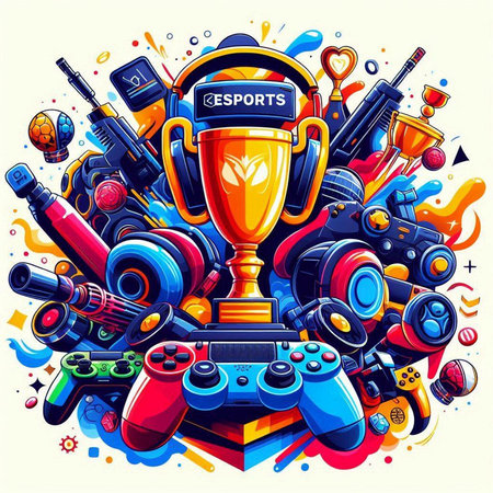 Vector illustration of a cyber sport theme background with a trophy cup and gamepad.のイラスト素材