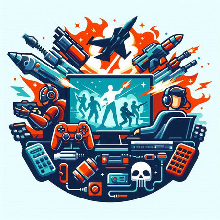 Vector illustration of a set of video games and entertainment elements. Video games and entertainment technology.のイラスト素材