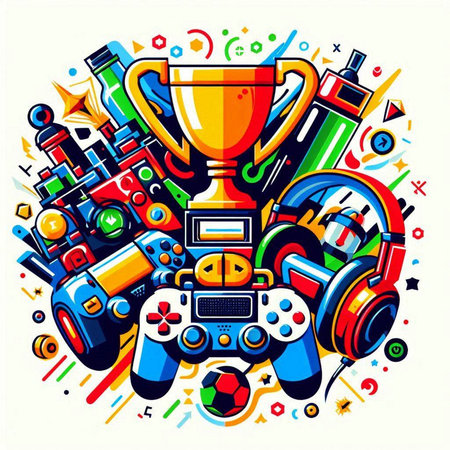 Cartoon vector hand drawn doodles Joystick, Trophy, Gamepad. Colorful detailed, with lots of objects backgroundのイラスト素材