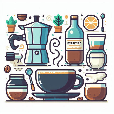 Coffee set. Colorful flat vector illustration on white background.のイラスト素材
