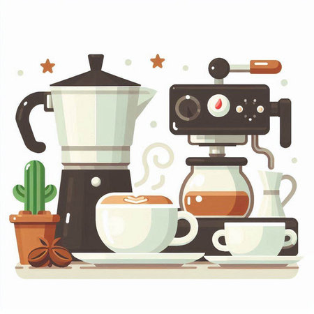 Coffee maker and coffee cups. Vector illustration in flat styleのイラスト素材
