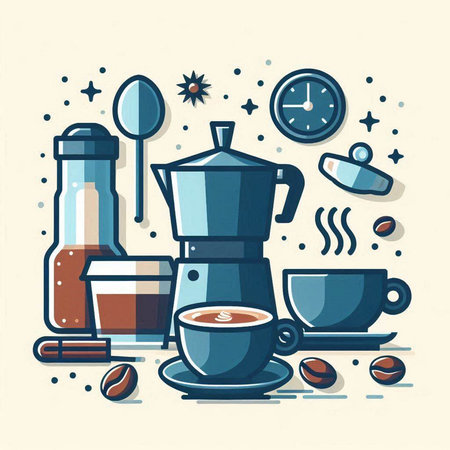 Coffee time, vector illustration in flat design style. Coffee cup, moka pot, spoon, coffee beans, cup of coffee.のイラスト素材