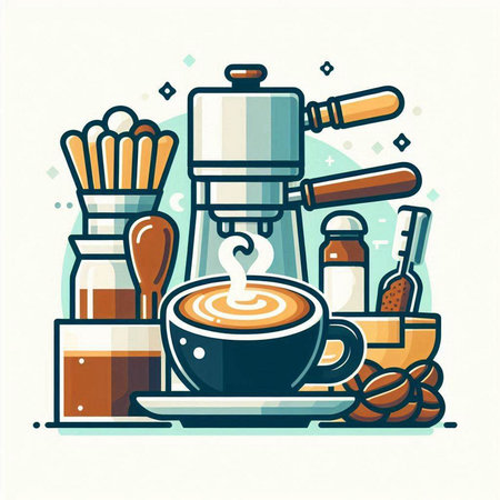 Coffee cup with latte art and coffee maker. Vector illustration.のイラスト素材