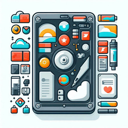 Smartphone with different media icons. Vector illustration in flat style.のイラスト素材