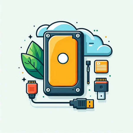 Colorful vector illustration in flat line art style of computer hard drive with usb cable and leafのイラスト素材