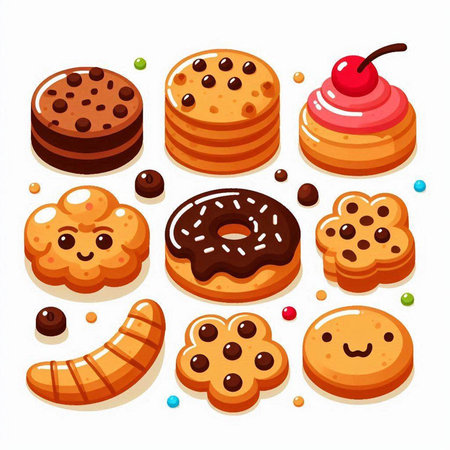 Set of sweet cookies with different fillings. Vector illustration in cartoon style.のイラスト素材