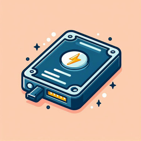 Hard disk drive with lightning symbol. Vector illustration in cartoon style.のイラスト素材