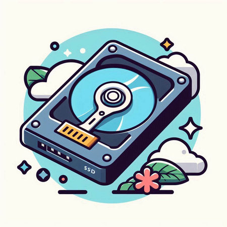 Vector illustration of a hard drive in cartoon style with cloud and flowerのイラスト素材
