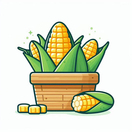Illustration of corn in a basket on a white background. Vector illustrationのイラスト素材